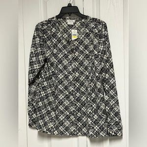 Van Heusen Tunic Top Blouse Womens Black White Print Long Sleeve Polyester Sz M